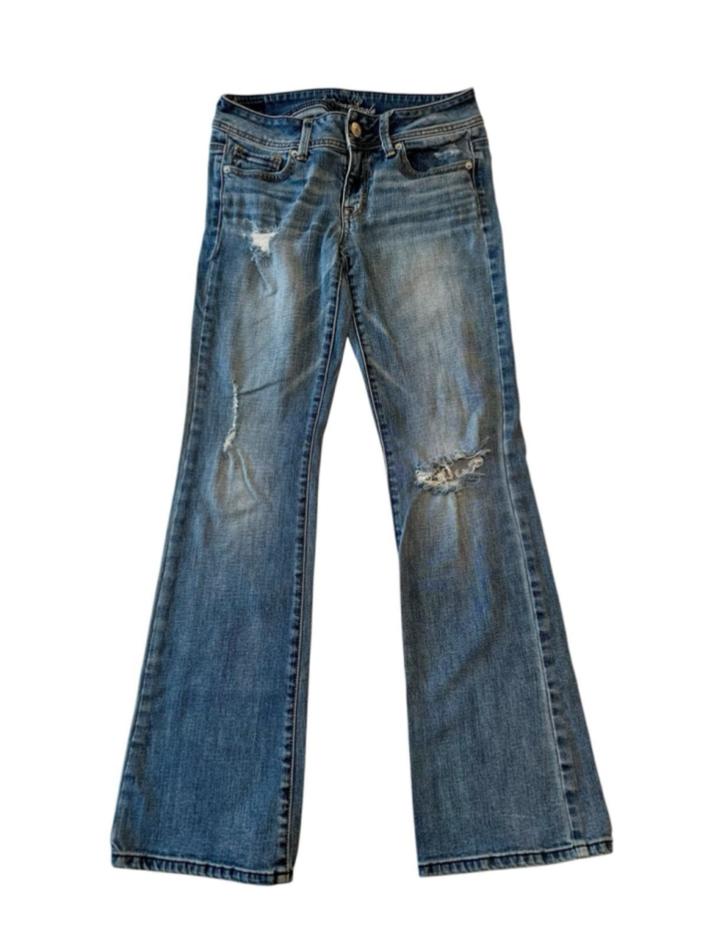 American Eagle Bootcut Jeans Low Rise Women 4 Blue Stretch Distressed Destructed - Picture 2 of 16